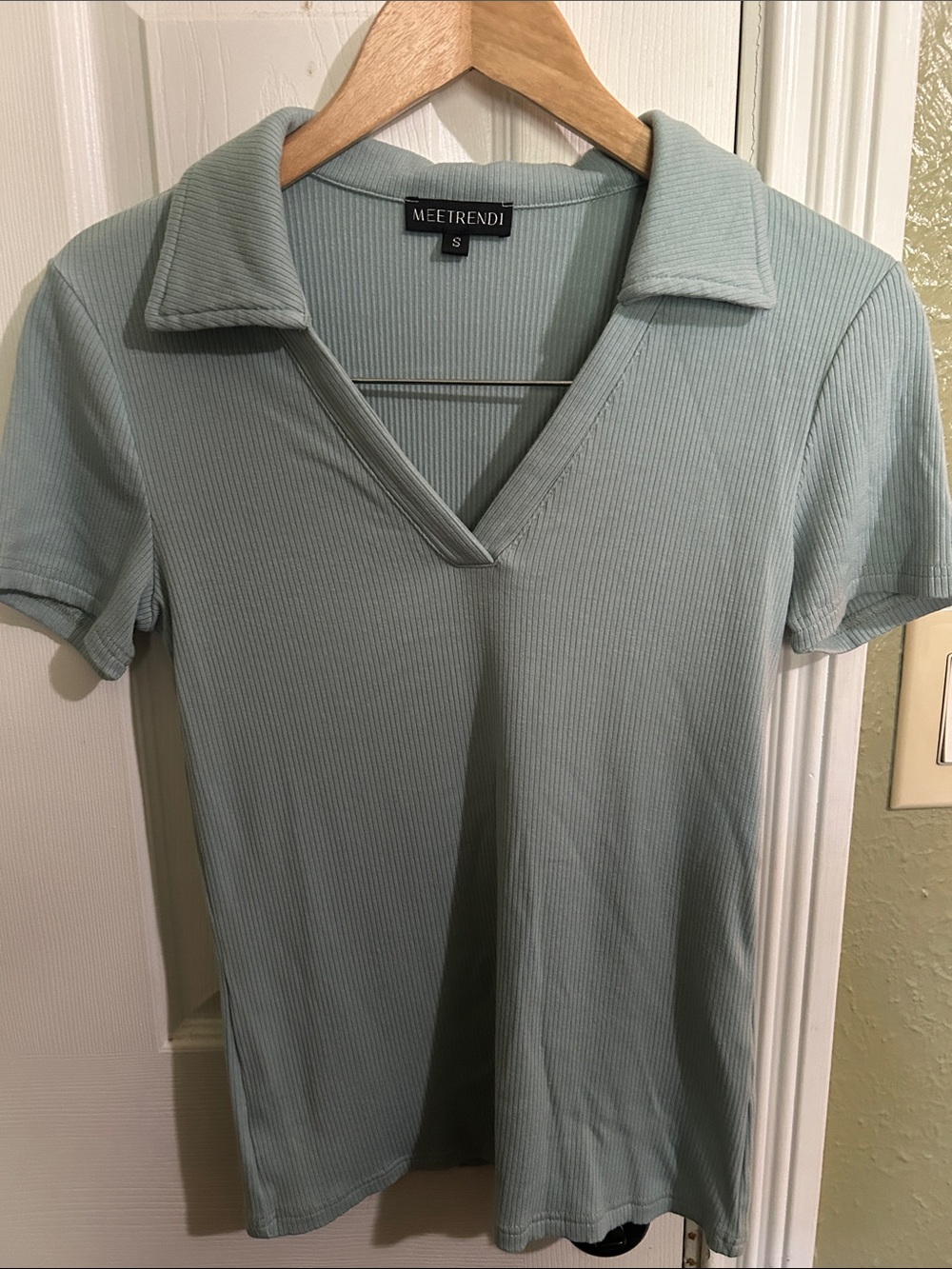 Women's Sage Ribbed V-Neck Polo Short Sleeve Tee